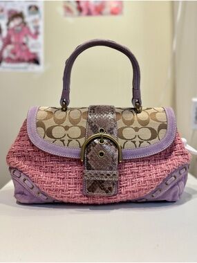 Rare Coach Pink & Lavender Signature Top-Handle Satchel with Snakeskin